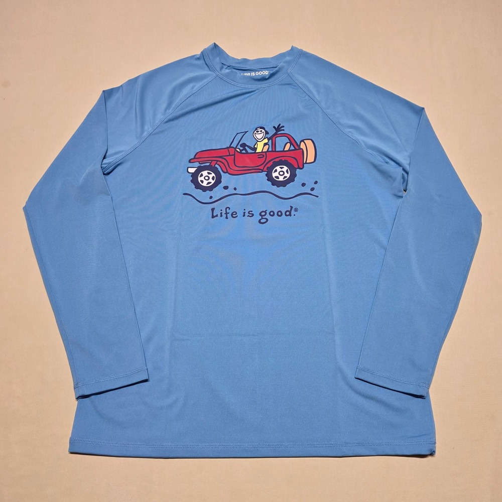 Life is Good Men Small Blue Jeep Graphic Long Sleeve T-Shirt Pullover Stretch